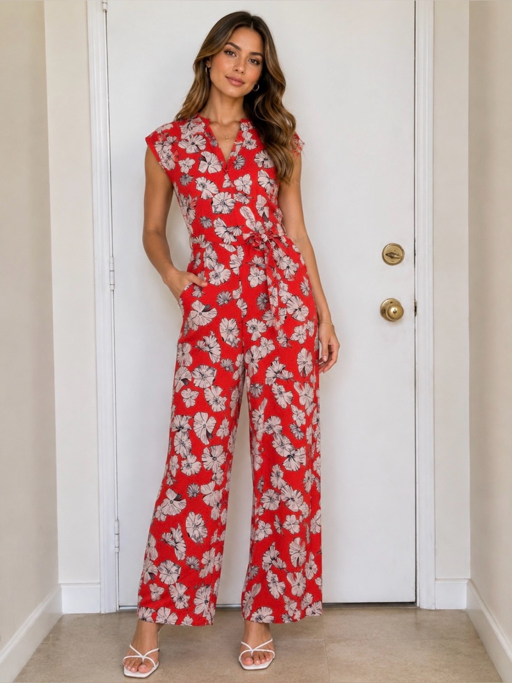 Crossroads Poppy Floral Wide Leg Jumpsuit Orange-Red Size 12 NWT